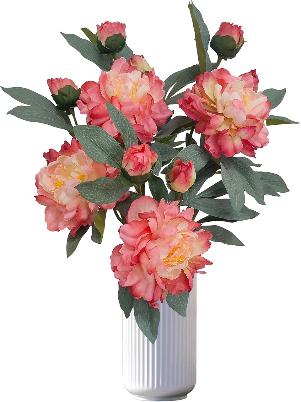 4 Pcs Coral Pink Artificial Peonies – Fake Silk Flowers with Stems, Realistic Peony Bush for Home Decor (Coral Pink)